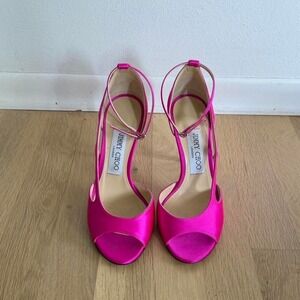 Jimmy Choo Neon Pink Satin Strappy Heels EU 36 Hot Pink Designer Stilettos Party